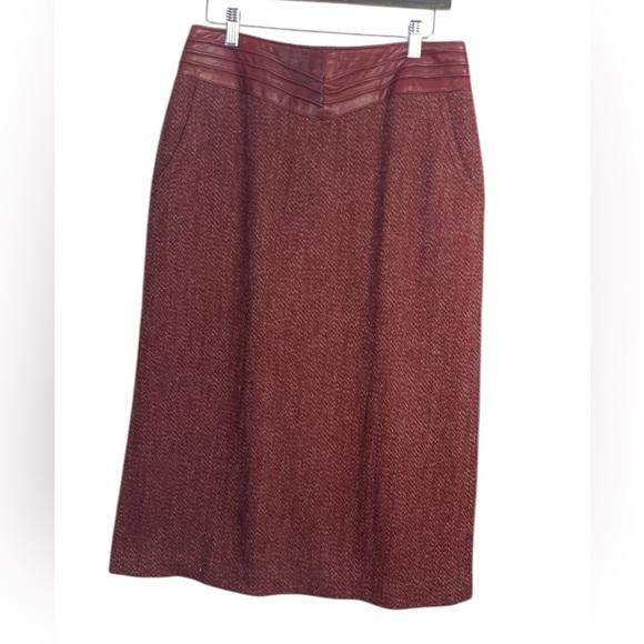 Bagatelle Vintage Wool & Leather Skirt, Cranberry, Fully Lined w Back Slit - Picture 1 of 8